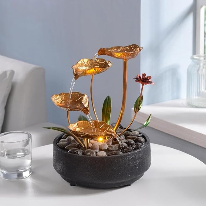 Tabletop Fountain Metal Lotus Circulating Fountain Water Feature for Zen Home Decor Warm Yellow Scene Light(23034) - Bloomnest