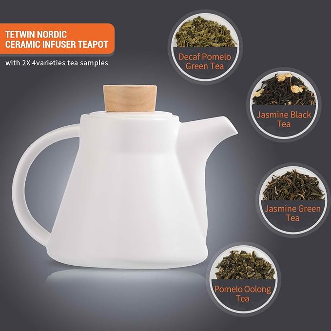 TETWIN Ceramic Teapot with Infuser, 25oz White Tea Pot with 8 Loose Leaf Tea Sampler Gift Set – Porcelain Teapot for Loose Tea, Elegant Nordic Design, Dishwasher Safe