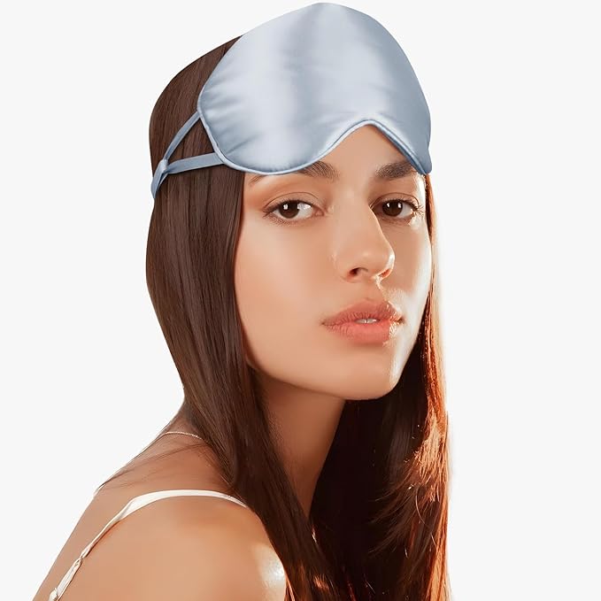 Silk Eye Mask for Sleep with Adjustable Strap for Women/Men/Adults Large 100% Mulberry Silk Sleeping Mask for Travel/Plane/Side Sleeper,Light Blue - Bloomnest