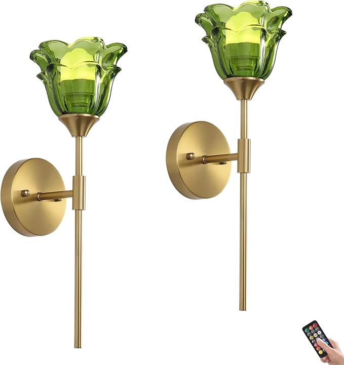 2 Pack Battery Operated Wall Sconce with Green Glass Shades, Wireless Rechargeable RGB Wall Light with Remote Control, for Bedroom Mirror Living Room - Bloomnest