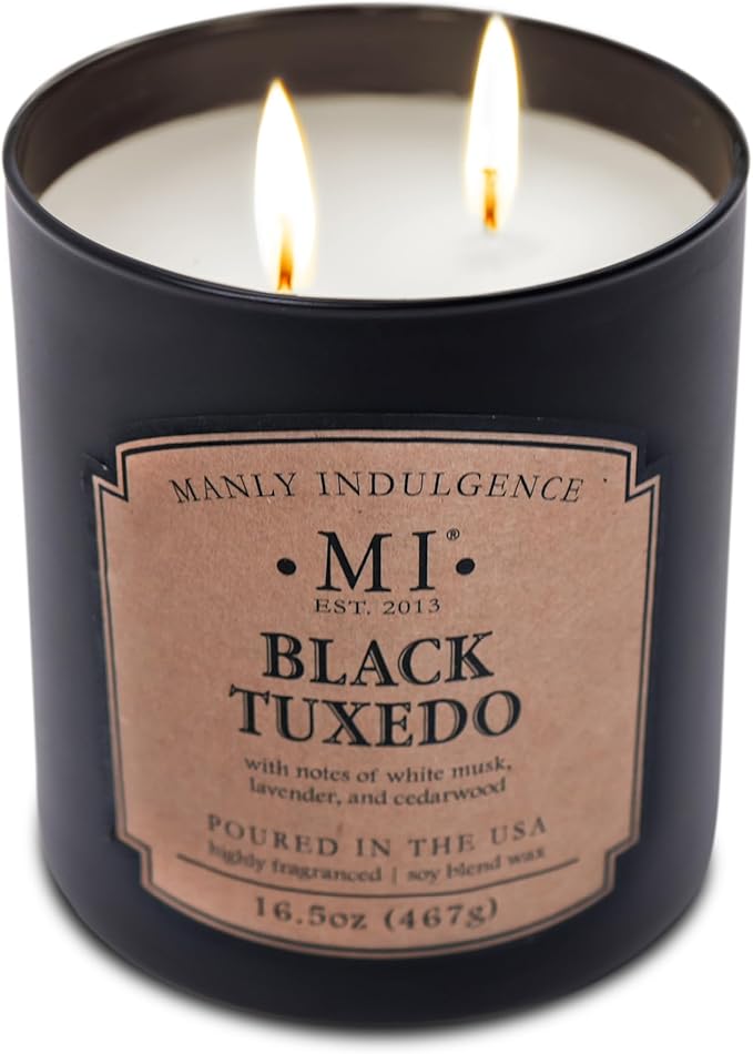 Manly Indulgence Black Tuxedo Candles for Men, 2 Wick, 16.5 oz, Premium Soy Blend Wax, 60H Burn, Candles for Home Scented - Made in The USA - Bloomnest