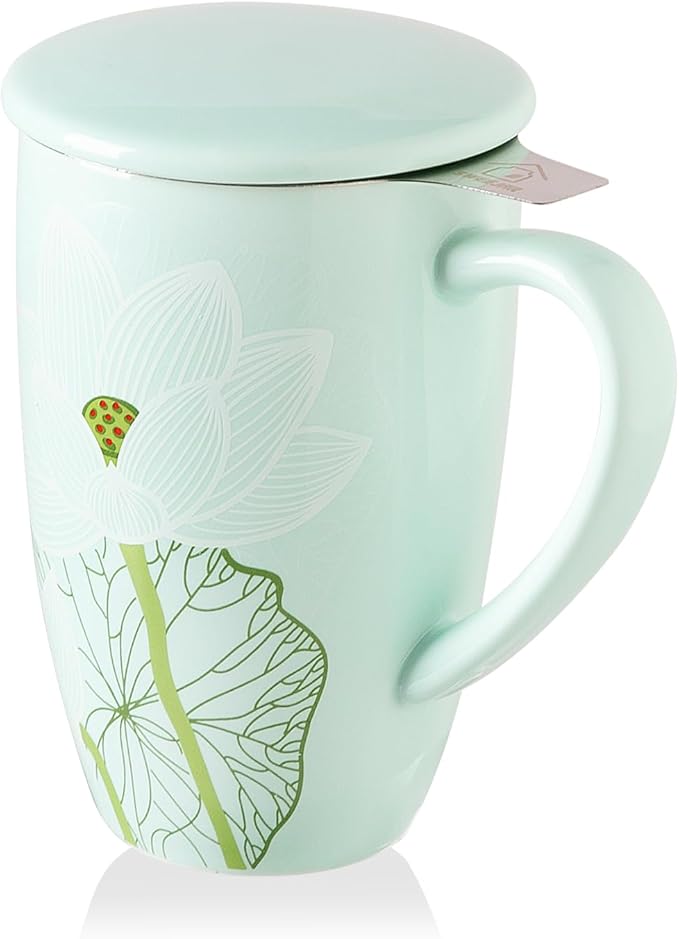 Sweejar Porcelain Tea Infuser Mug with Lid, 16 oz Teacup with Strainers for Loose Leaf Tea, Microwave and Dishwasher Safe Coffee Mug(Cerulean Lotus) - Bloomnest