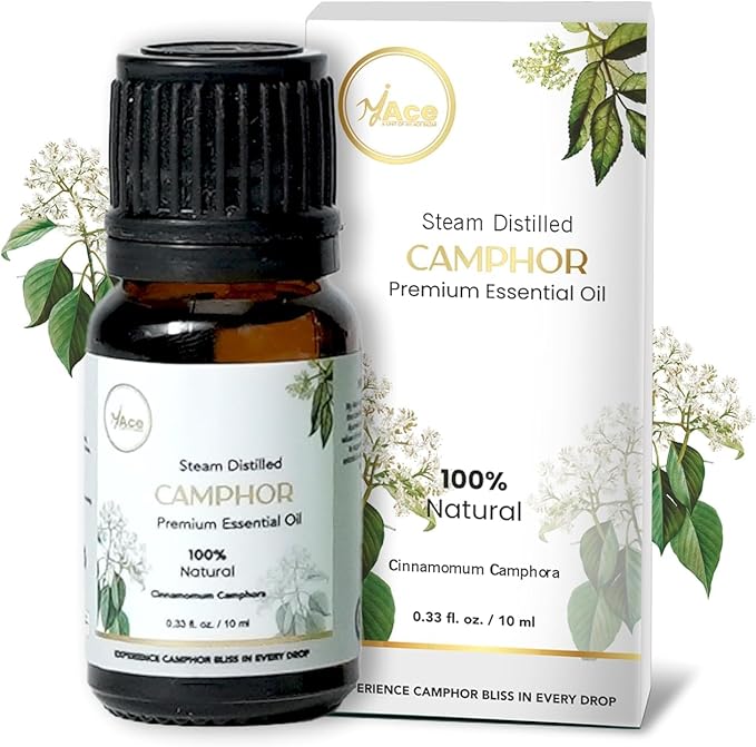 My Ace Camphor Essential Oil 0.33 Fl Oz – 100% Natural, Steam Distilled Camphor Oil – for Diffuser, Aromatherapy, Skin & Hair Care – Highly Concentrated – Includes Dropper MyAce