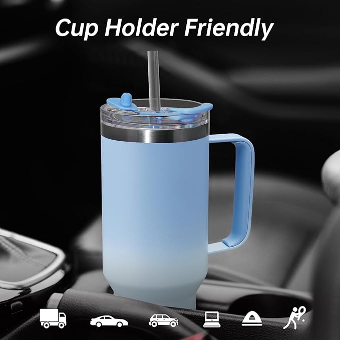 COKTIK 40 oz Tumbler With Handle and Straw Lid, Vacuum Insulated Travel Coffee Mug Stainless Steel Insulated Cup for Beverages, Leak-proof, Cupholder Friendly (Silent Sky) - Bloomnest