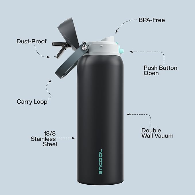 Insulated Water Bottle with Straw - Encool Stainless Steel Water Bottle with Push Button Lid, Leak-Proof & BPA-Free, Keeps Cold for 24 Hours for Sports, Travel, Gym (40 oz, Tuna Grey-Green) ENCOOL
