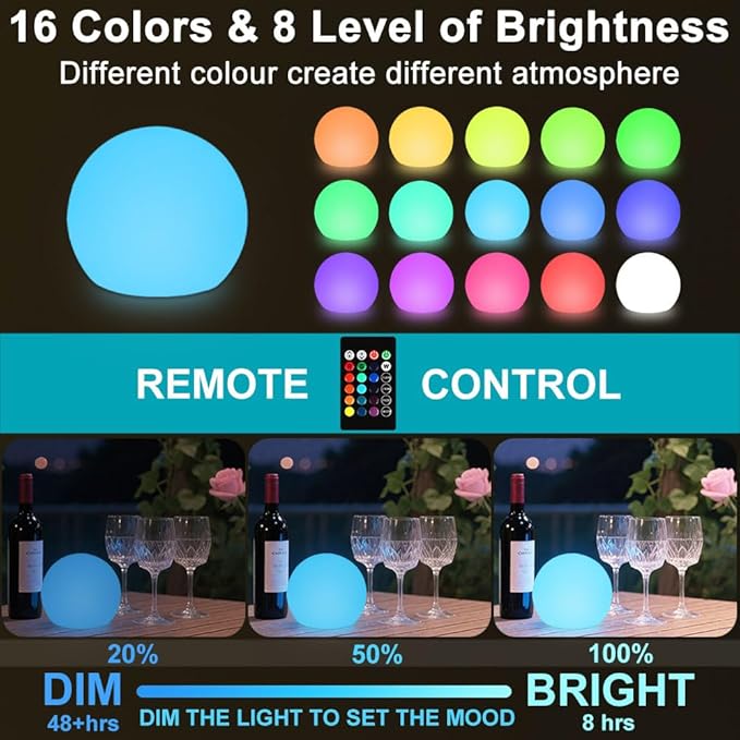 6-in Cordless LED Globe Orb Light for Kids, RGB Color Changing Orb Night Light Mood Lamp w/Remote, Rechargeable LED Ball Night Light Sphere Bedside Lamp, Ideal for Home Garden Patio Party Bar Decors - Bloomnest