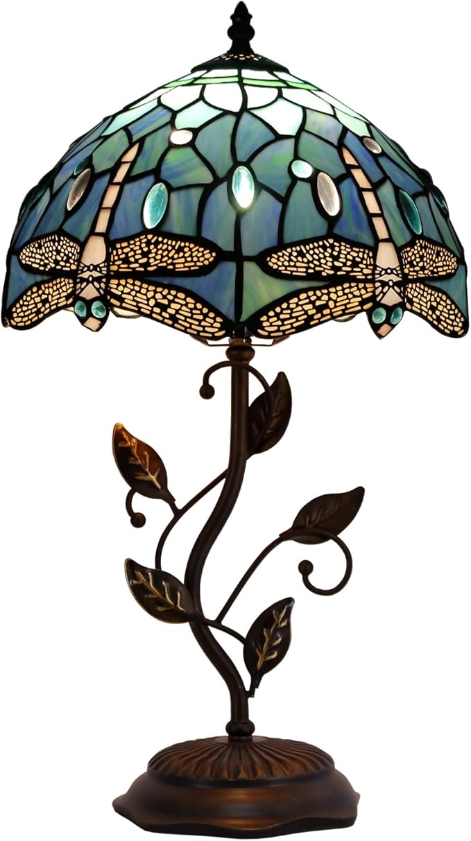 Tiffany Lamp Blue Dragonfly Style Stained Glass Table Lamp Desk Bedside Reading Light 12X12X19 Inches with Metal Leaf Base Decor Bedroom Living Room - Bloomnest