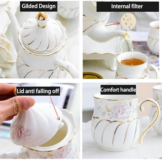 14-Pieces Porcelain Teapot Set Ceramic Coffee Cup Teacup with Gold Spoon Tea Party Tray Holder Gift Sets - Bloomnest