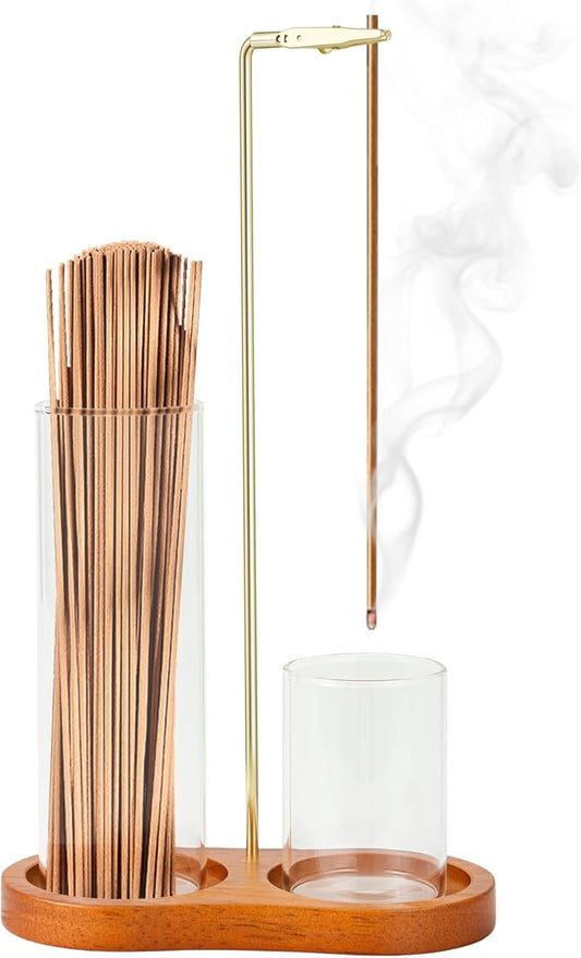 2-in-1 Incense Holder with Glass Ash Catcher, Anti-Ash Flying Incense Burner & Stick Organizer with Dark Wood Base for Meditation Yoga Spa Home Decor - Bloomnest