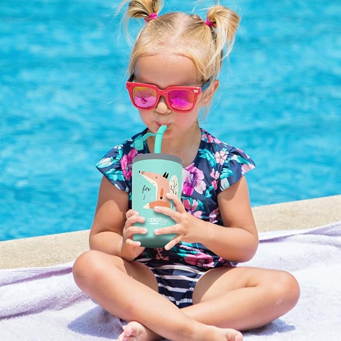 asobu Stainless Steel Kids Tumbler with Flexible Straw Lid | Insulated Water Bottle | Reusable Travel Cup 12 Ounce (Teal) - Bloomnest