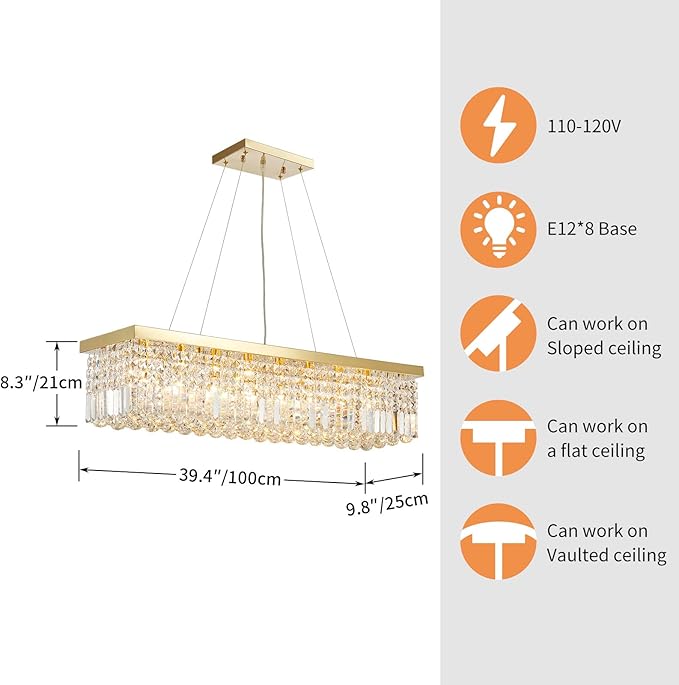 Saint Mossi 8-Lights K9 Crystal Chandelier for Dining Room, Rectangular Pendant Light Fixture for Kitchen Island, Raindrop Chandelier, X-Large Size, Chain Adjustable - Bloomnest