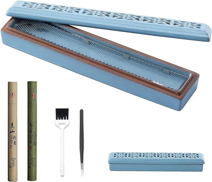 CEREMONY Incense Holder,Ceramic Incense Holder for Sticks with Ash Catcher,Coffin Style Incense Box,Incense Burner for Meditation Yoga Spa Room Decor(Blue)