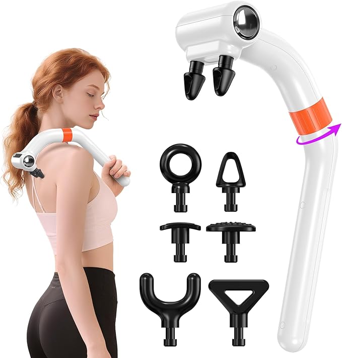Dual-Head Massage Gun Deep Tissue with 3-in-1 Detachable Extension Handle, Handheld Percussion Back Massager for Muscle Neck Shoulder Body Pain Relief - 6 Speeds Levels (White) - Bloomnest