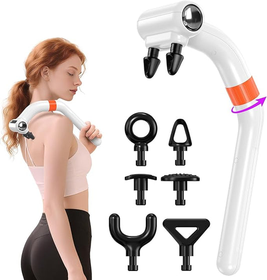 Dual-Head Massage Gun Deep Tissue with 3-in-1 Detachable Extension Handle, Handheld Percussion Back Massager for Muscle Neck Shoulder Body Pain Relief - 6 Speeds Levels (White) - Bloomnest