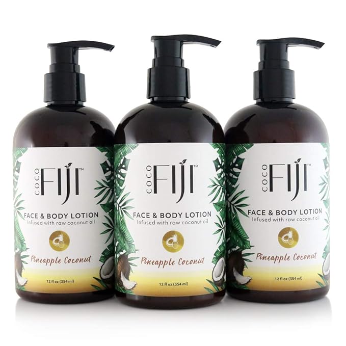 Coco Fiji Face & Body Lotion Infused With Coconut Oil | Lotion for Dry Skin | Moisturizer Face Cream & Massage Lotion for Women & Men | Pineapple Coconut 12 oz, Pack of 3 - Bloomnest