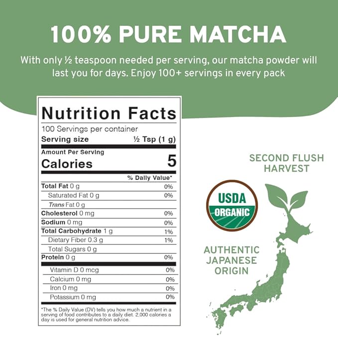 HANDPICK Japanese Organic Matcha Green Tea Powder (100 Servings) - Authentic Premium Second Flush Harvest | Resealable Ziplock Pouch - Bloomnest
