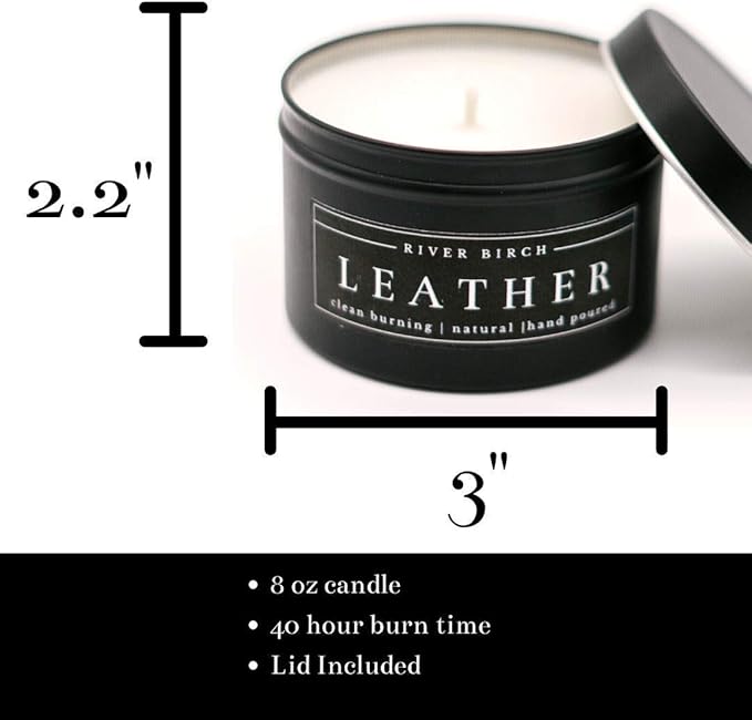 River Birch Leather Scented Candle - Premium, Natural, Non-Toxic, Soy Candles Ideal for Home Decor & Cozy Gifts - Black Matte Tin - 8 oz - Bloomnest