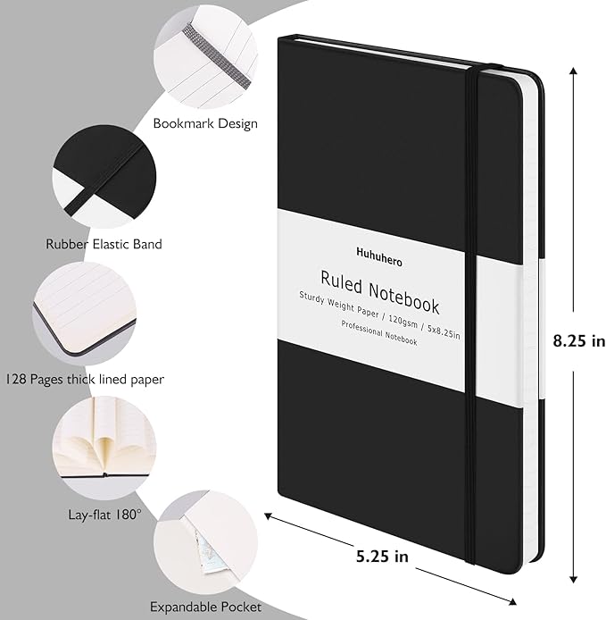 Huhuhero Notebooks Journal, Ruled Notebook, Premium Thick Paper Lined Journal, Black Hardcover Notebook for Office Home School Business Writing Note Taking Journaling, 5"×8.25" (10, Green) - Bloomnest