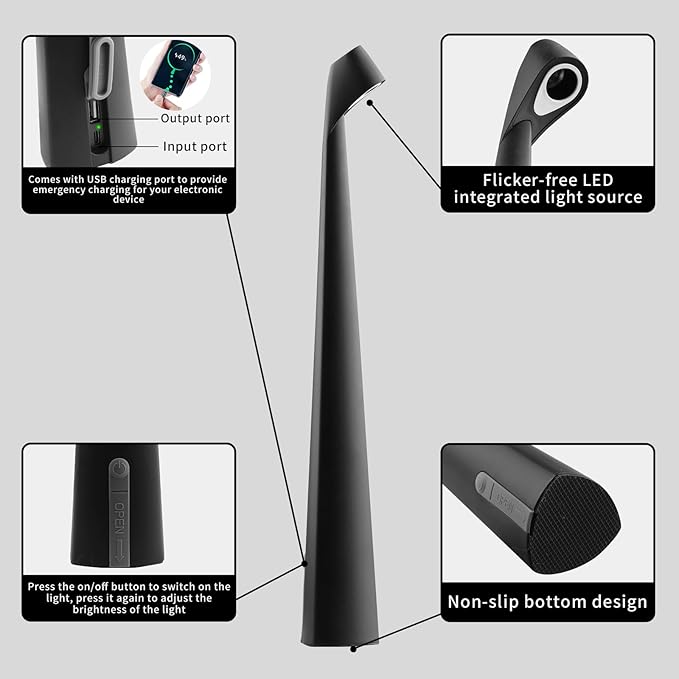 Portable Cordless LED Desk Lamp,Rechargeable Wireless Table Lamp, 3-Level Brightness, Patio Table Lamp, Bedside Night Light, Dining Room Ambient Light, Reading Light (Black) - Bloomnest