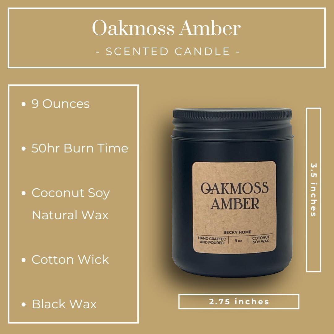 9oz Scented Candle for Men, Oakmoss Amber Scented, Men Scented Candle, Long Lasting Masculine Scents, Natural Coconut Jar Candle for Home, Bachelor Pad Decor, The Perfect Mens Gift