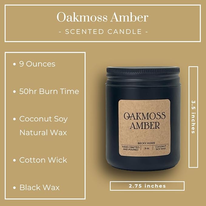 9oz Scented Candle for Men, Oakmoss Amber Scented, Men Scented Candle, Long Lasting Masculine Scents, Natural Coconut Jar Candle for Home, Bachelor Pad Decor, The Perfect Mens Gift - Bloomnest