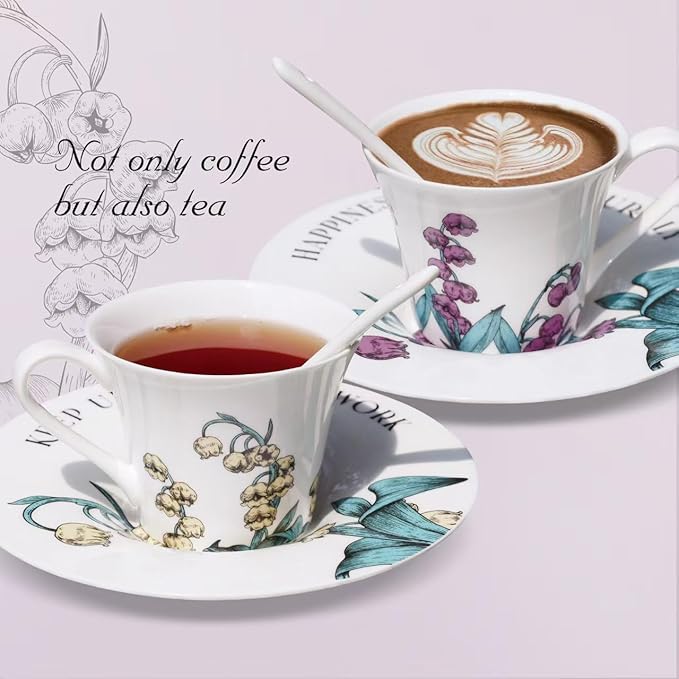 Tea Cup Set With 2 Tea Cups 2 Saucers And 2 Spoon 7 OZ Espresso Coffee Mug Vintage Creativetea Teacup And Saucer Set For Coffee,Tea,Latte, Cappuccino - Bloomnest