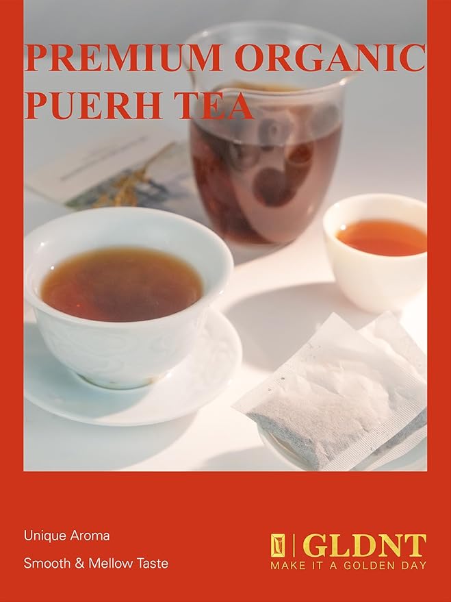GLDNT Organic Pu-erh Tea Bags, Fermented Yunnan Dark Tea, Bold & Mellow Flavor, Caffeinated, 100 Count - Bloomnest