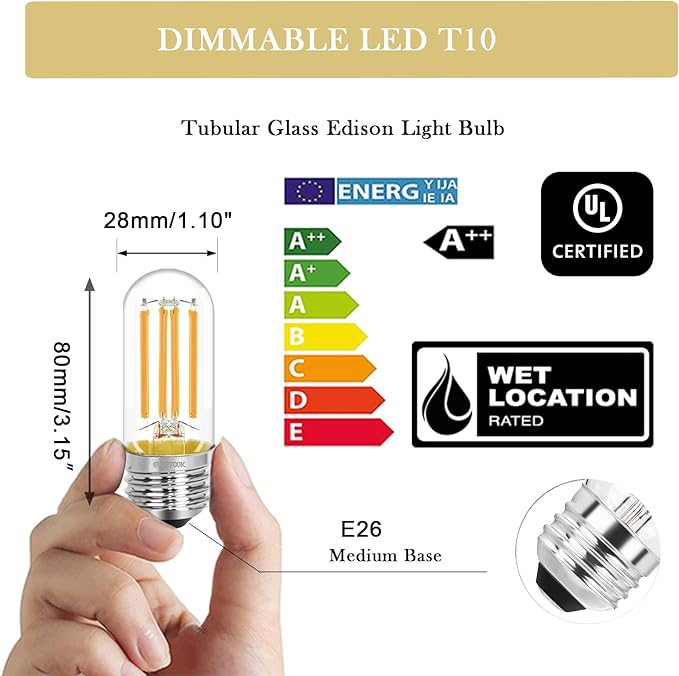 3.2 Inch E26 LED Bulb 60 Watt Equivalent, 2700K Soft White Edison Bulbs Dimmable, AC 120V 600LM T10/T9 Clear Glass Filament Light Bulbs UL for Pendant Wall Light Desk lamp-4 Pack - Bloomnest