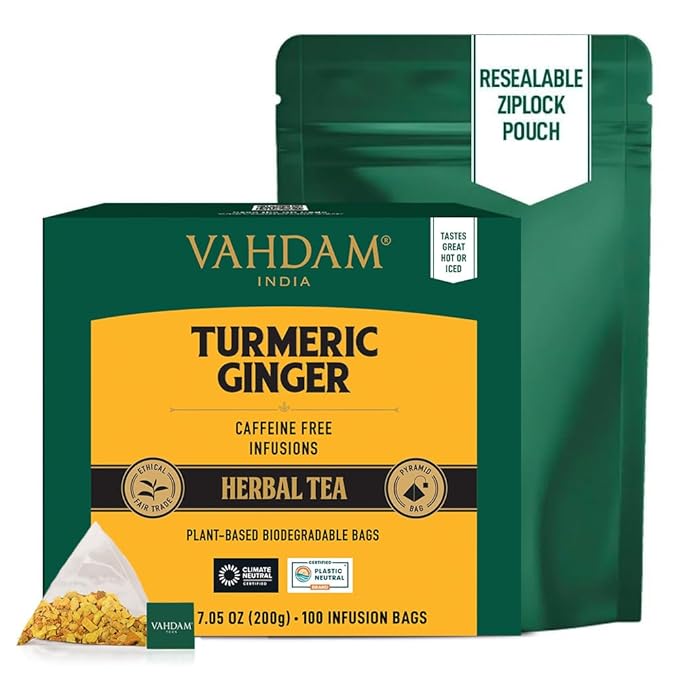 VAHDAM, Organic Turmeric Ginger Herbal Tea Bags (100 Pyramid Tea Bags) Caffeine Free, Non GMO | 100% Pure Herbal Blend - Savory & Spicy, Plant-Based Teabags | Resealable Ziplock Pouch - Bloomnest