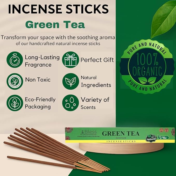 Bless-Green-Tea 100%-Natural-Handmade-Hand-Dipped-Incense-Sticks Organic-Chemicals-Charcoal-Free Purification-Relaxation-Positivity-Yoga-Meditation Best-Woods-Scent (100 Sticks(5.25 OZ))