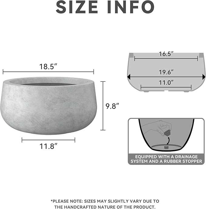 Kante 19.6" Dia Round Concrete Planter, Cement Plant Pots with Drainage Hole and Rubber Plug for Outdoor Indoor Garden Home, Modern Curvaceous Design, Natural Concrete - Bloomnest