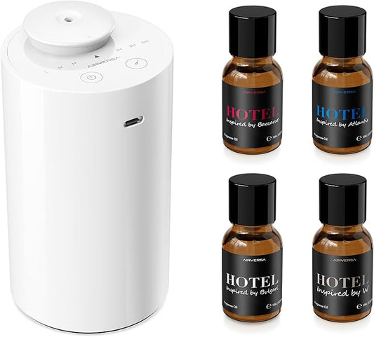 Airversa Waterless Essential Oil Diffuser Starter Kit with 4 x 10mL Hotel Scent Fragrance Oil, Battery Operated Mini Scent Air Machine Portable Diffuser for Home Car Office, AN6Kit-04 White - Bloomnest