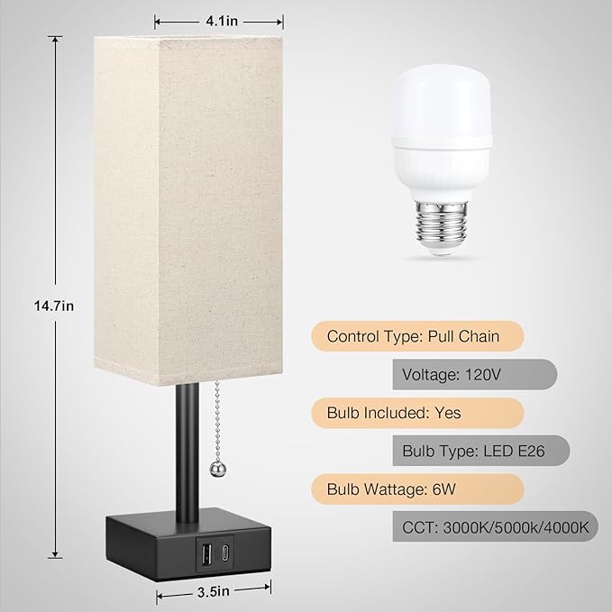 Small Linen Bedroom Lamp - 3 Color Temperature 3000K 5000K 4000K Bedside Lamp, Pull Chain Control, USB A and C Charging Ports, Black Base, for Kids Office Dorm, Bulb Included - Bloomnest