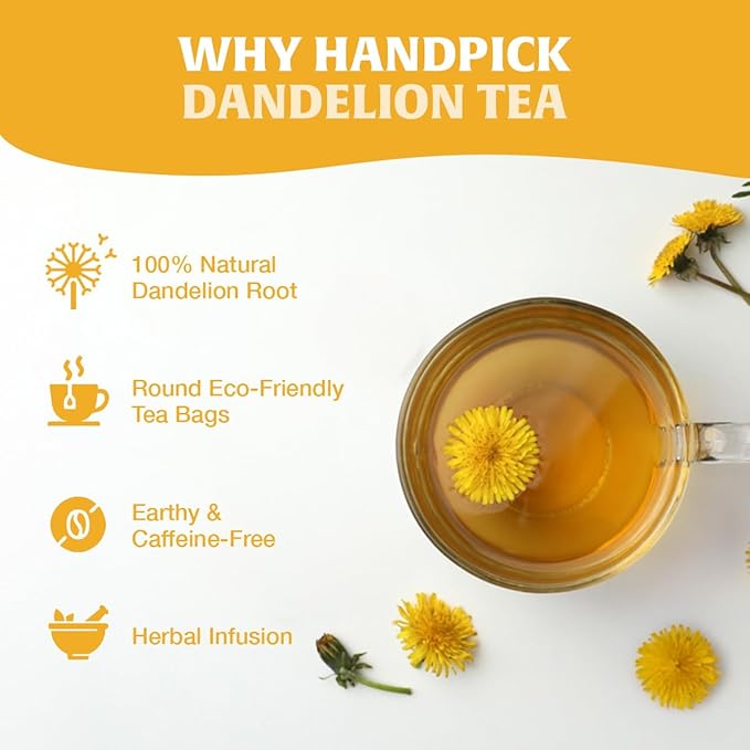HANDPICK - Dandelion Root Tea bags, 100 Teabags - Natural Dandelion Herbal Tea for Liver & Kidney Health - Non-GMO - Caffeine-free - Support Digestion & Boost Immune System - Bloomnest