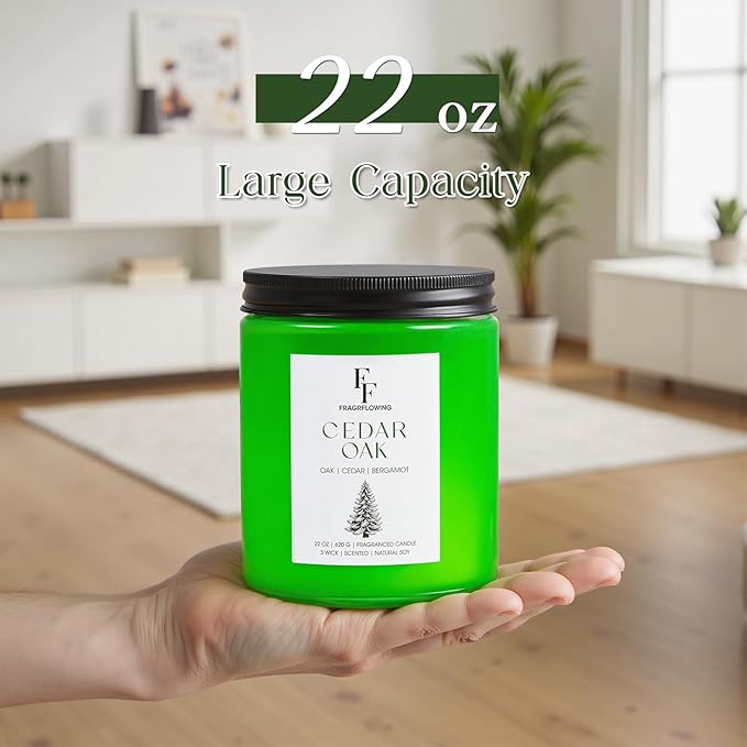 Cedar Oak Large Scented Candle, 3-Wick 22oz Long Lasting Scented Candle, Natural Soy Wax Aromatherapy Candle for Home, Autumn Candle Gifts for Women Men - Bloomnest