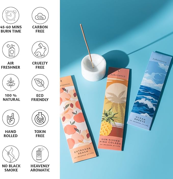 Folkulture Incense Sticks with Holder | Set of 6 (120) Organic Fall Insence-Sticks with 45 Mins Burn Time | Strawberry, Mango, Ocean Breeze, Pineapple Incenses or Fall Scents | Non Toxic Inscents