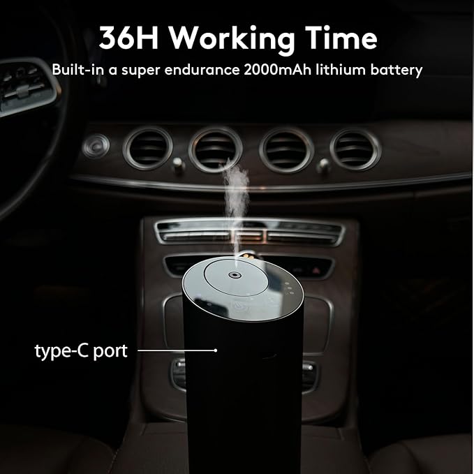 Car Diffuser, Waterless Essential Oil Diffuser with 2000mAh Battery & Timer, Adjustable Mist Cordless Aromatherapy for Car, Portable Air Freshener with Premium Aluminum Alloy & Type-C Charging (Black) - Bloomnest