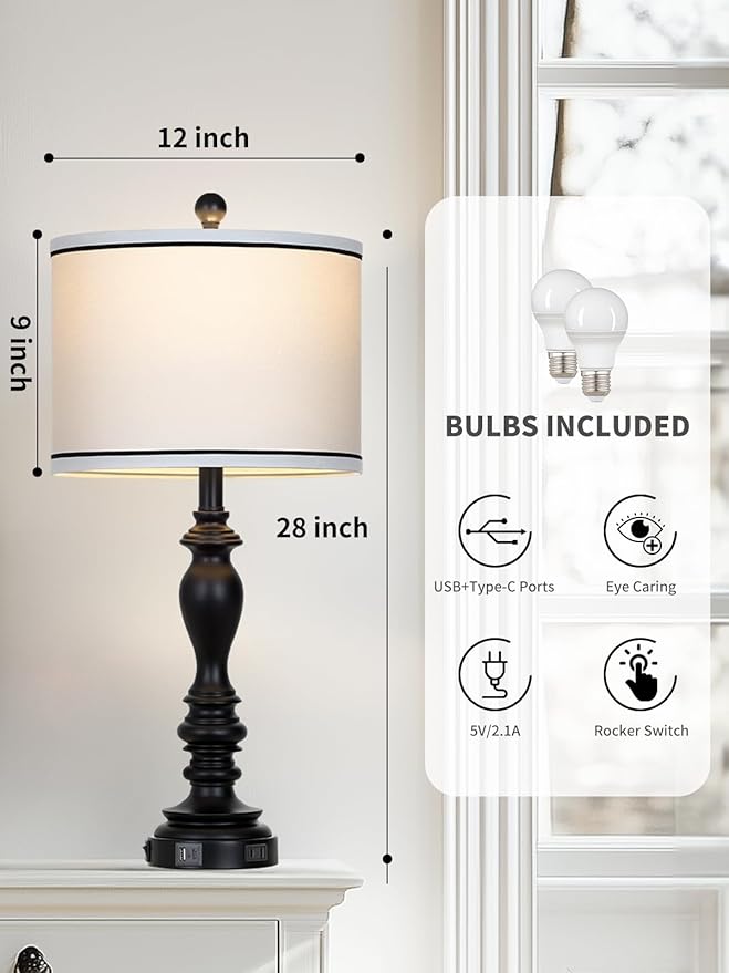 28" Set of 2 Farmhouse Table Lamps for Living room, Bedside Lamp with USB C+A Ports & AC Outlets, Black Vintage End Table Lamps for Bedrooms, Nightstand Lamps Fabric Shades Rustic 2 LED Bulbs Included - Bloomnest