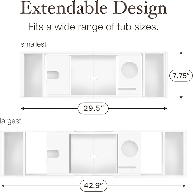 Wooden Bathtub Tray - Foldable & Expandable Bamboo Bath Tray for Tub with Wine Holder, Book & Tablet Stand - Bath Caddy Tray for Bathtub, Spa Bath Accessories, Tub Tray Table, Gifts for Her (White) - Bloomnest