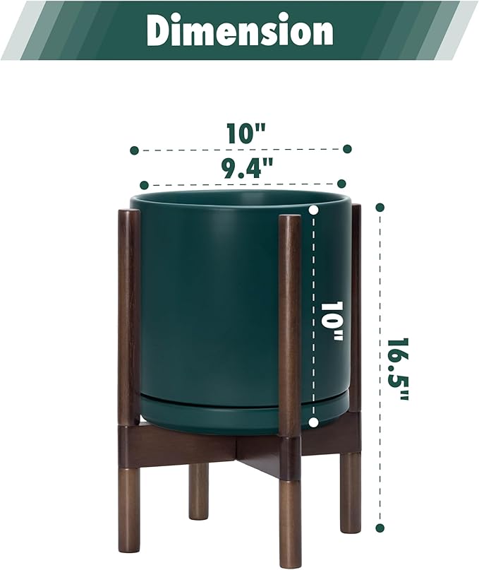 D'vine Dev Ceramic Planter with Walnut Color Stand - 10 Inch Modern Round Flower Pot with Wood Planter Holder, Teal, 55-B-X-4 - Bloomnest