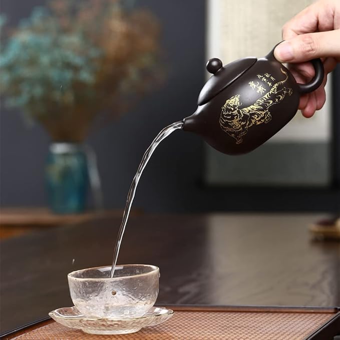 Xishi Teapot 7oz Chinese Yixing Zisha Clay Pot Ceramics Purple Sand Mud Kungfu Tea Set Kettle Spherical Filter (Black with golden tiger) - Bloomnest
