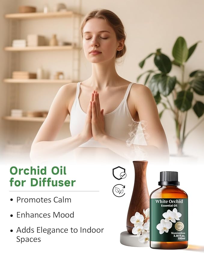 Mumianhua White Orchid Essential Oil Pure - Therapeutic Grade Aromatherapy Oil for Skin Care, Diffuser & Candle Making 100ml 3.38 Oz w/Dropper - Bloomnest