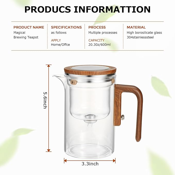 5Pcs Enchanti Tea Pot, Magic Witchcraft Enchanted Glass Teapot with Strainer -600ML,Divided Glass Teapot with Wooden Handle with 4 Wall Teacups,Push Control Magic Teapot (18FL-OZ)