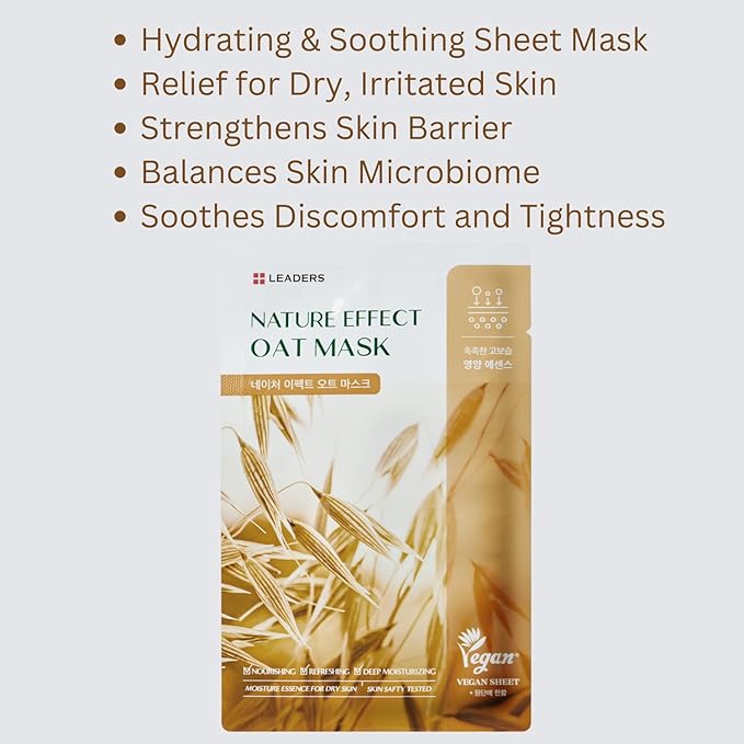 LEADERS Nature Effect Oat Mask - Hydrating & Soothing Face Mask for Dry, Irritated Skin | Nourishes, Soothes, Dryness with Oat Extract | Serum Content, Vegan Certified - 10 Sheets - Bloomnest