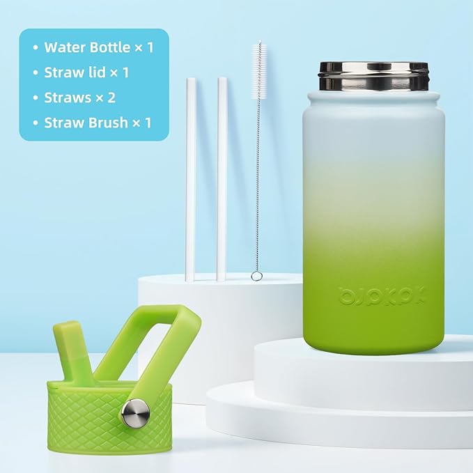 BJPKPK Insulated Water Bottle with Straw Lid, 15oz Cute Water Bottles, Stainless Steel Metal Thermo, Reusable BPA Free Leak Proof Tumblers, Cups,Lime - Bloomnest