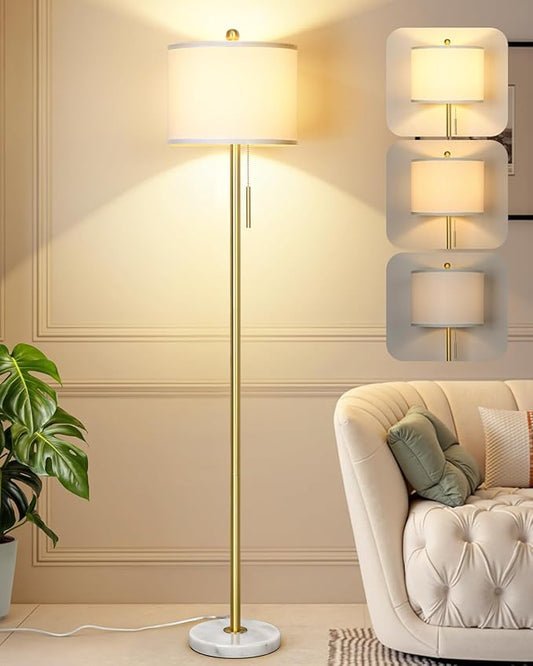 【Upgraded】 Dimmable Gold Floor Lamps for Living Room, 63in Modern Standing Lamp with Marble Base, Tall Pole Light with White Linen Shade for Bedroom Reading Office Corner Nursery - Bloomnest
