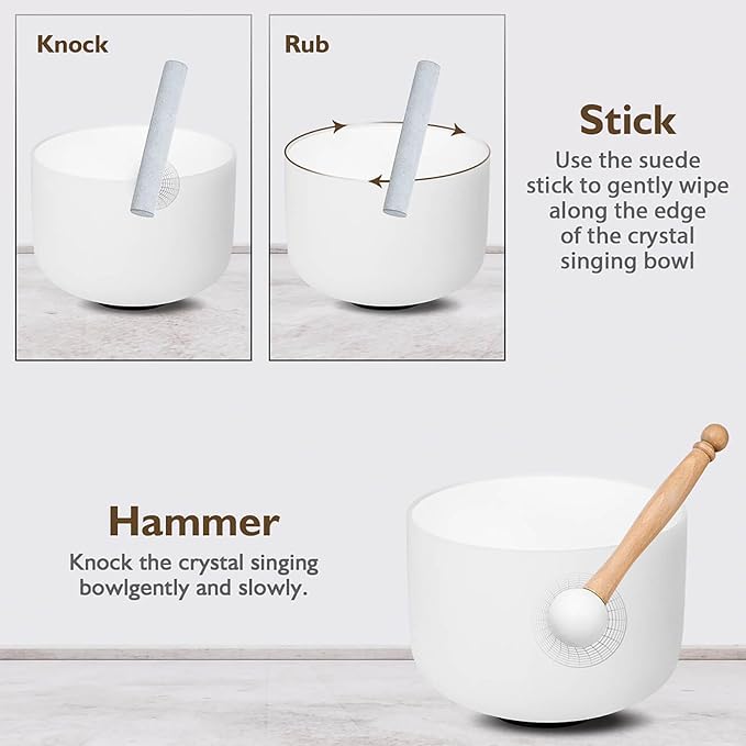 8 Inch C Note 432hz Root Chakra Crystal Singing Bowl Healing Pure White with Carrying Case and Rubber Mallet Suede Strikers Oring - Bloomnest