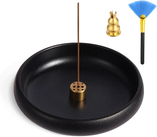 Incense Holder for Sticks, Sage, Coil Incense, Incense Stick Holder 5.71" for Yoga Meditation Energy Cleansing, Ceramic Incense Burner Holder with 9 Holes, Ash Catcher, Smudge Bowl (Black) - Bloomnest