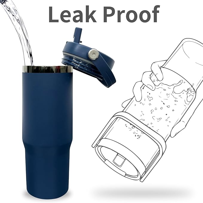 30 oz Tumbler with Handle, Double Wall Vacuum Insulated Tumblers with Flip Straw, Coffee Mug 30oz Powder Coated Cup for Hot and Cold Drinks(Black Plated, Navy,4 pack)