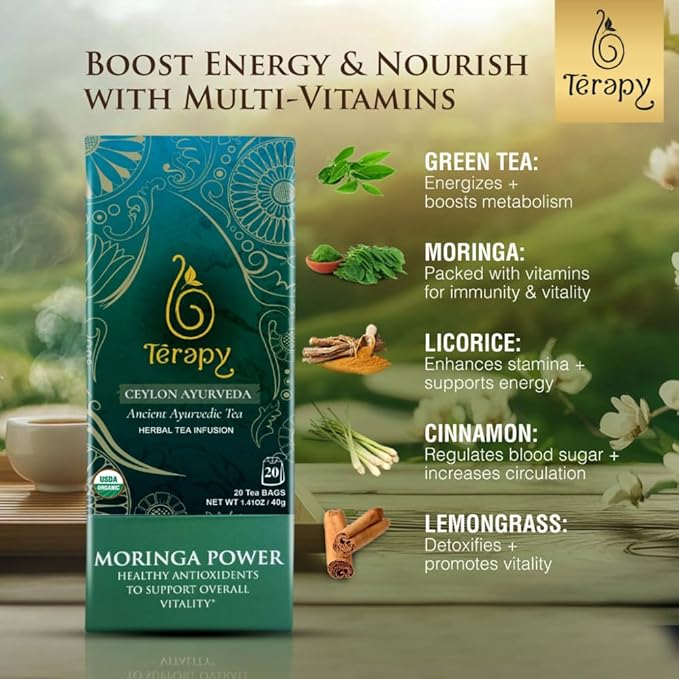 Térapy Ceylon Organic MORINGA TEA | USDA Organic Herbal Tea Bags| Helps with Vitality & Antioxidants | 100% Natural Ayurvedic Ingredients | 20 Individually Wrapped Tea Bags - Bloomnest